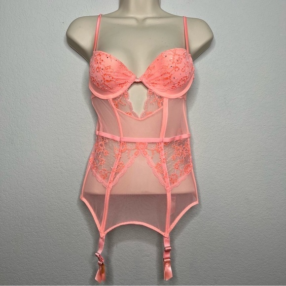 Victoria Secret Women Corset Bustier 34B SheerSexy Romantic Boudoir Mesh Sheer - Picture 1 of 8